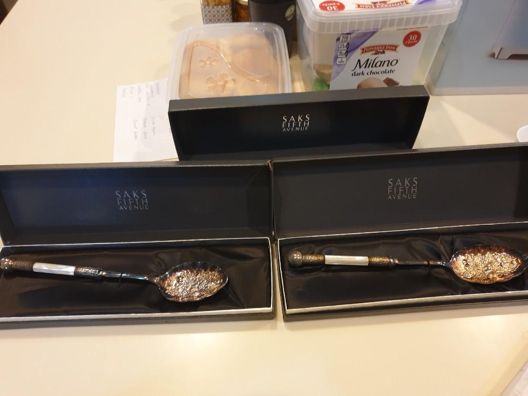 3 pc Sheffield Silverware (Category: Dinnerware & Cutlery) located in Quezon City. Submitted by essinea (Listing ID 273425775, Image 2). Description: 3 pcs of Sheffield Silver serving spoons With mother of pearl inlay detail Intricate design on the spoon Needs polishing Bought at Saks Fifth Ave Individually packaged.