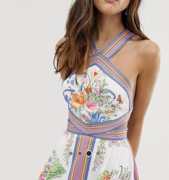 ASOS EDITION scarf print halter uneven hem midi dress with cutout sides Floral UK 10 Women s Fashion Tops Sleeveless on Carousell
