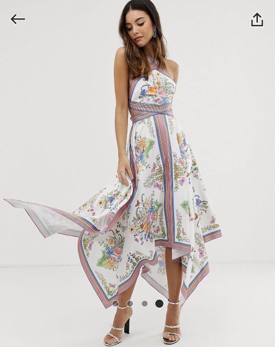 ASOS EDITION scarf print halter uneven hem midi dress with cutout sides Floral UK 10 Women s Fashion Tops Sleeveless on Carousell