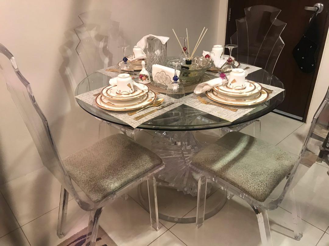 classic Italian 4 seater dining set (Category: Chairs) located in Makati City. Submitted by turnintocash (Listing ID 273394328, Image 2). Description: very good condition bevelled top glass dining top diameter 42 inches items on top are not included pick up BGC 09178217291.