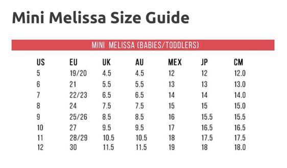 mini melissa shoe size chart