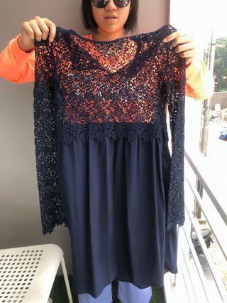 dress zara warna biru tua motif jaring sperti pukat harimau