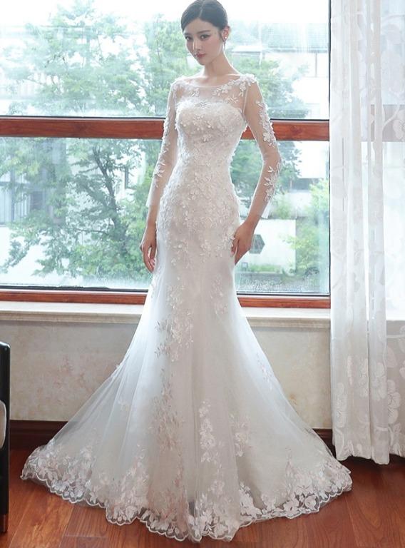 pre order white long sleeve mermaid bodycon fishtail wedding bridal dress gown RB1715