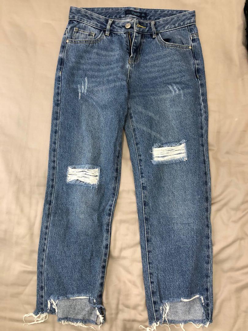 Yishion Ripped Straight Cut denim jeans, Women's Fashion, Bottoms ...