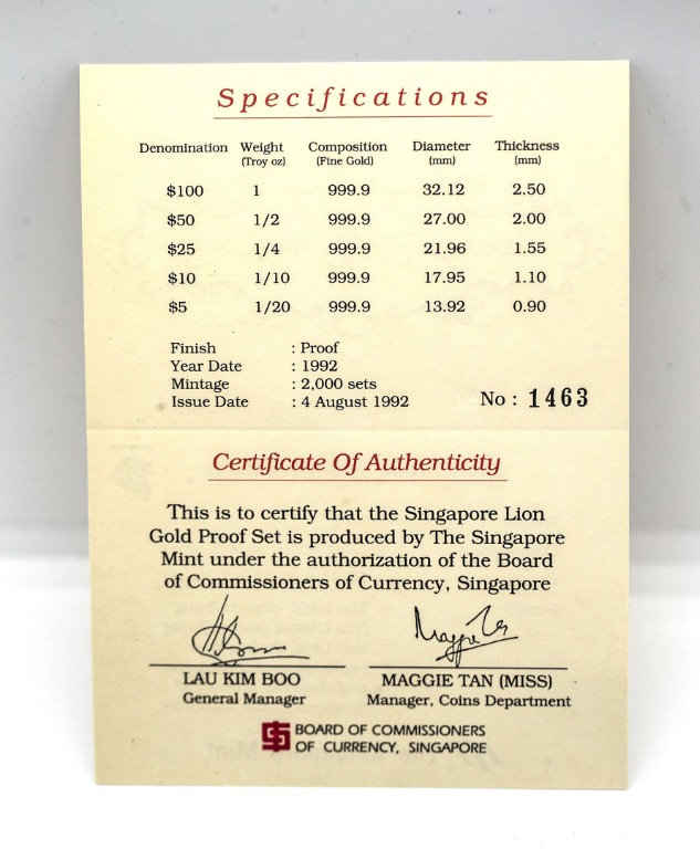 1992 Singapore Lion Gold Bullion Proof Coin Set with Original