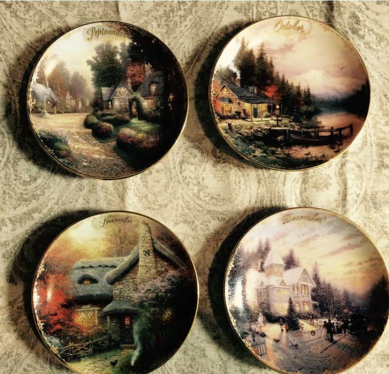 THOMAS KINKADE PERPETUAL CALENDAR Full Set 12 Plates Display Rack