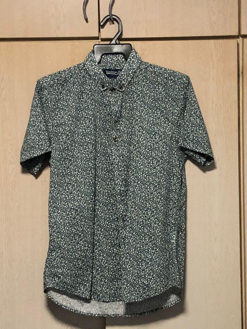 Vintage Green Pattern 100% Silk Shirt Men's