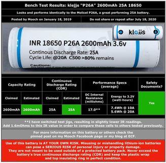 Klejis P26A 18650 2600mah 3.6v lithium-ion Rechargeable Battery