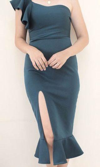 Sale: 200 Dark green one shoulder midi dress