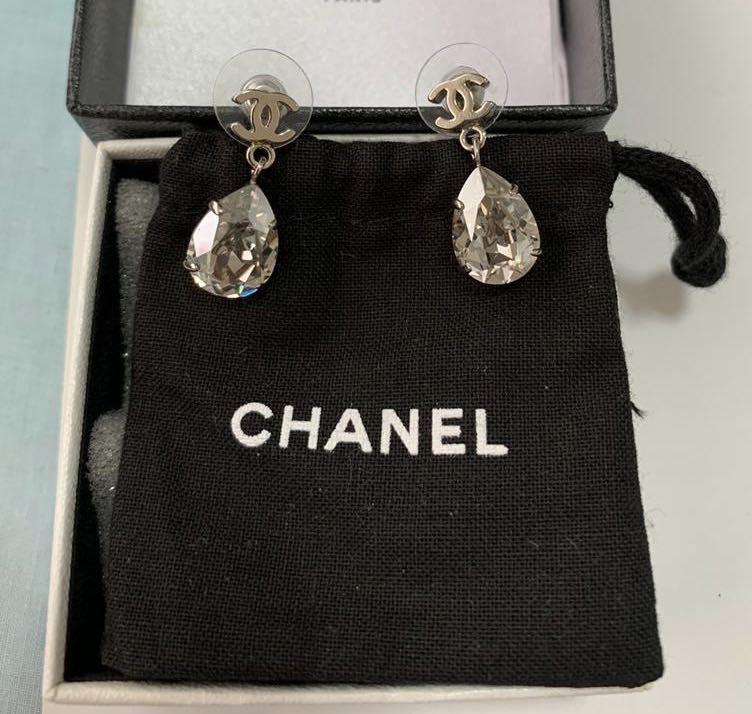 Chanel CC Crystal Silver Tone Teardrop Earrings Chanel