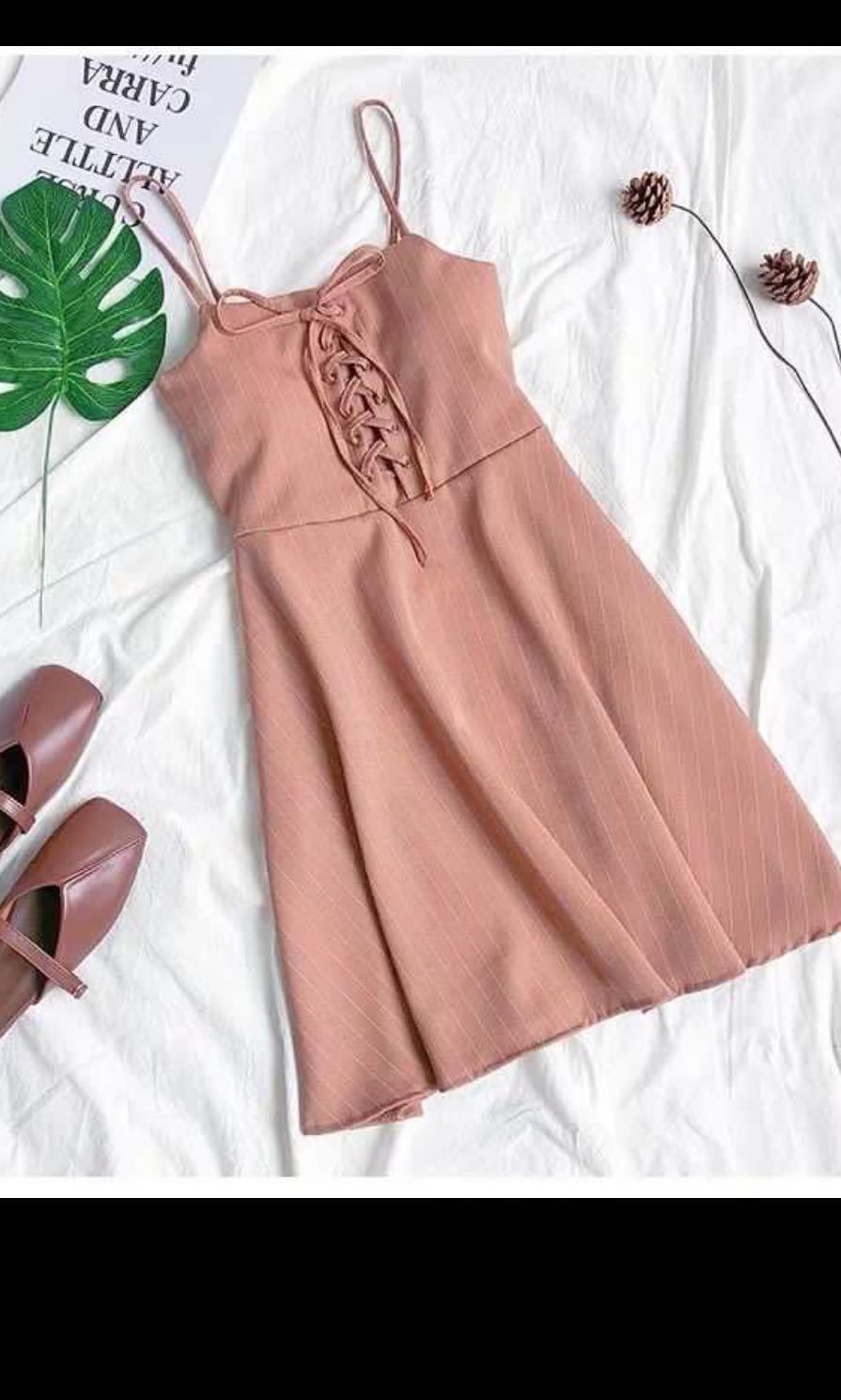 Instock Korean Pink Lace Up Spaghetti Strap Dress Women S Fashion Tops Sleeveless On Carousell
