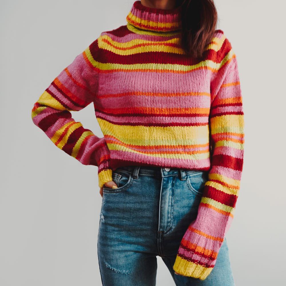 Rainbow Stripe Turtleneck Sweater Pink Yellow
