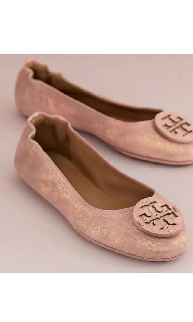 Tory Burch Minnie Travel Ballet Flats Logo Metallic Sea Shell Pink Women's  , Women's Fashion, Footwear, Flats on Carousell