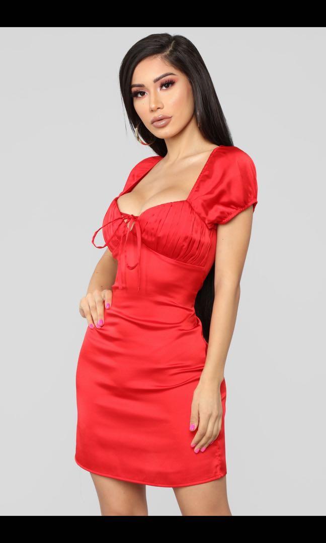 Fashion Nova Tie Front Bust Satin Red Dress Women s Fashion Tops Sleeveless on Carousell