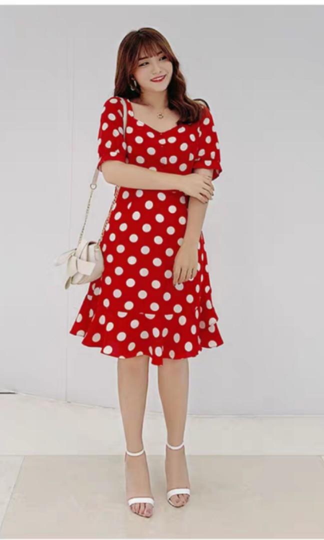 plus size red dress with white polka dots