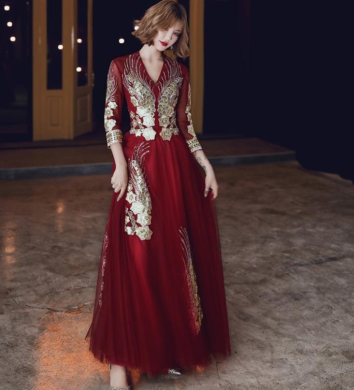 Red gold cheap prom dress