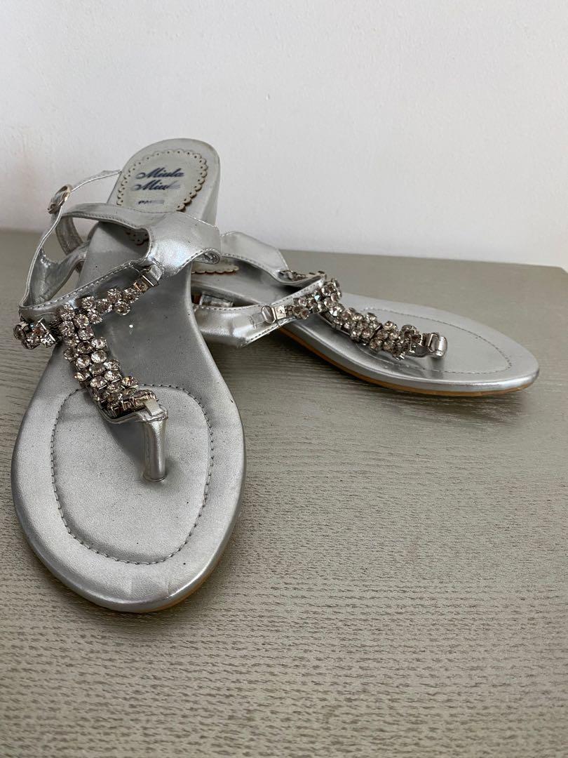 silver flip flops with rhinestones