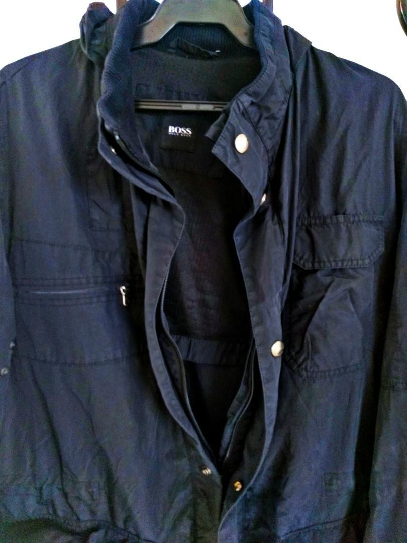 Boss-. Hugo Boss orig hood jacket (Category: Hoodies) located in Manila. Submitted by mindplanets (Listing ID 274439599, Image 1). Description: Water -repellant jacket. Pre-owned, near brand new, hugo boss hooded jacket , knit collar, hidden hood buttons, detachable lower back, pockets, pen slit, watch / accessory slit, hidden inner pockets, double insulation.