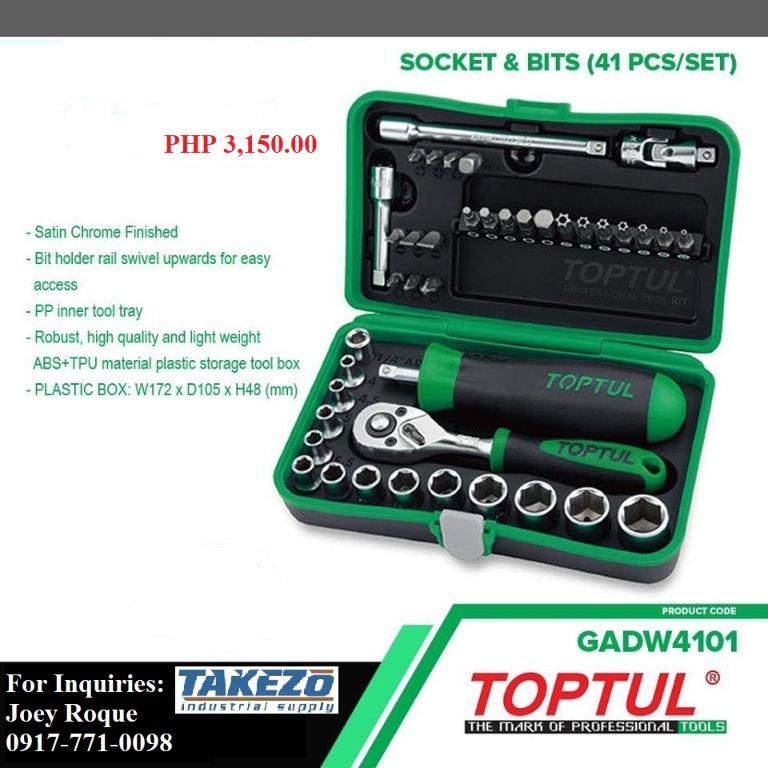 GADW4101 Socket & Bits (Category: Construction Tools & Equipment) located in Manila. Submitted by joeyroque09 (Listing ID 274447657, Image 1). Description: Takezo Industrial Supply 09177110098 For more inquiries please contact https://www.facebook.com/takezo.industrial Our Website: takezoindustrialsupply.com https://takezoindustrialsupply.storehub.me/ Socket & Bits (41pcs/set) Brand: Toptul Model: GADW4101 -Satin Chrome Finished -Bit Holder Rail 