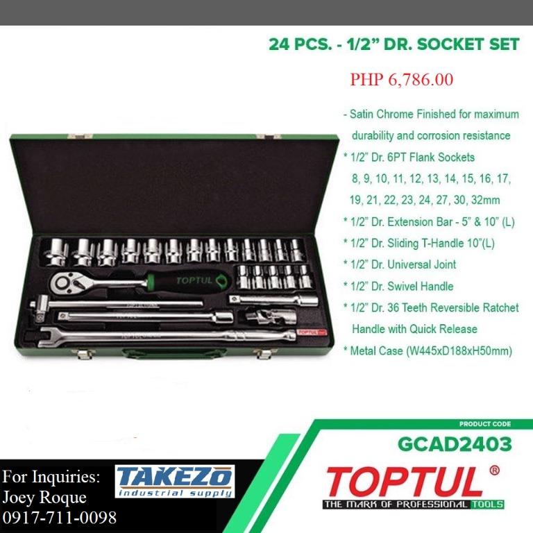 GCAD2403 24pcs. 1/2" Dr Socket Set (Category: Construction Tools & Equipment) located in Manila. Submitted by joeyroque09 (Listing ID 274452113, Image 1). Description: Takezo Industrial Supply 09177110098 For more inquiries please contact https://www.facebook.com/takezo.industrial Our Website: takezoindustrialsupply.com https://takezoindustrialsupply.storehub.me/ 24pcs. - 1/2" Dr. Socket Set Brand: Toptul Model: GCAD2403 -Satin Chrome Finished fo
