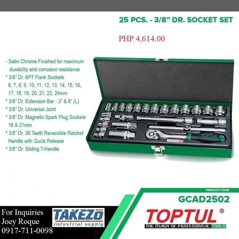 GCAD2502 25pcs. - 3/8" Dr. Socket Set (Category: Construction Tools & Equipment) located in Manila. Submitted by joeyroque09 (Listing ID 274452730, Image 1). Description: Takezo Industrial Supply 09177110098 For more inquiries please contact https://www.facebook.com/takezo.industrial Our Website: takezoindustrialsupply.com https://takezoindustrialsupply.storehub.me/ 25pcs. - 3/8" Dr. Socket Set Model: GCAD2502 Brand: Toptul -Satin Chrome Finished