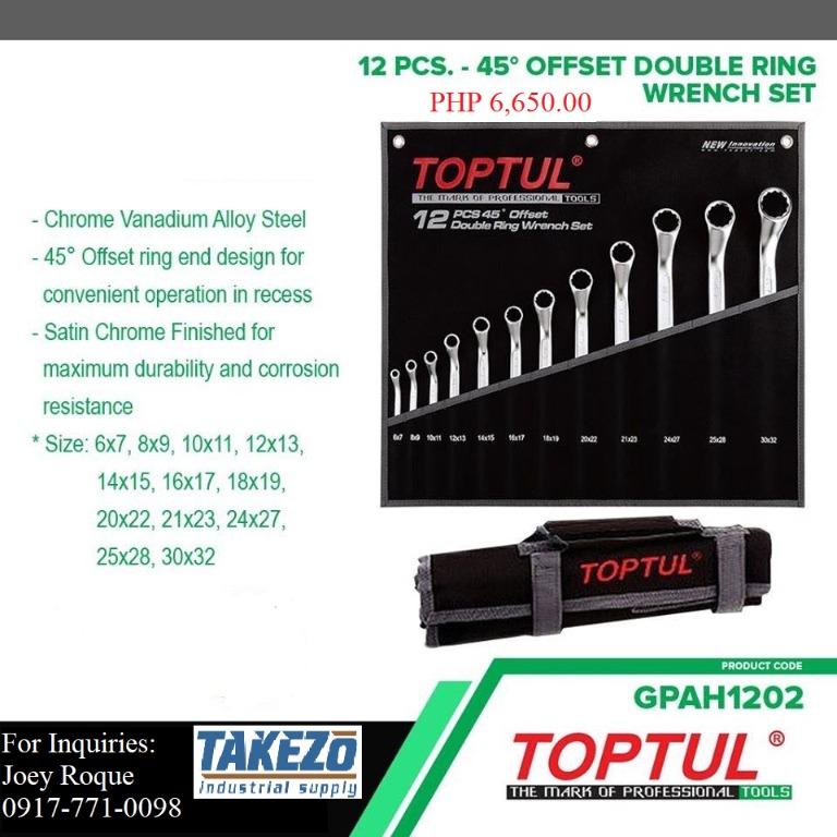 GPAH1202 12pcs. - 45* Offset Double Ring Wrench Set (Category: Construction Tools & Equipment) located in Manila. Submitted by joeyroque09 (Listing ID 274453725, Image 1). Description: Takezo Industrial Supply 09177110098 For more inquiries please contact https://www.facebook.com/takezo.industrial Our Website: takezoindustrialsupply.com https://takezoindustrialsupply.storehub.me/ 12pcs - 45* Offset Double Ring Wrench Set Brand: Toptul Model: GPAH