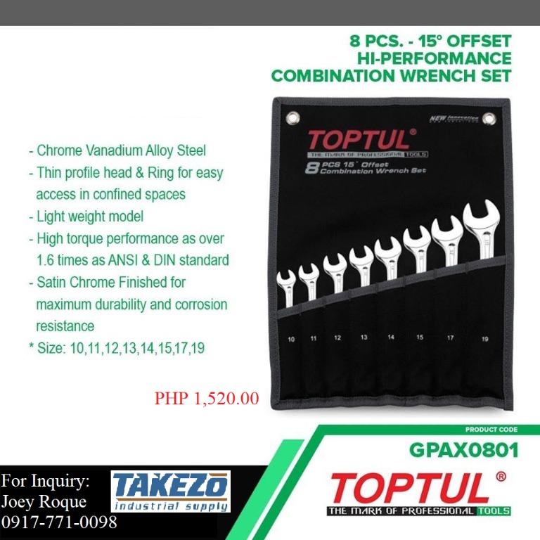 GPAX0801 8pcs. 15* Offset Hi-Performance Combination Wrench Set (Category: Construction Tools & Equipment) located in Manila. Submitted by joeyroque09 (Listing ID 274456035, Image 1). Description: Takezo Industrial Supply 09177110098 For more inquiries please contact https://www.facebook.com/takezo.industrial Our Website: takezoindustrialsupply.com https://takezoindustrialsupply.storehub.me/ 8pcs. - 15* Offset Hi-Performance Combination Wrench Se