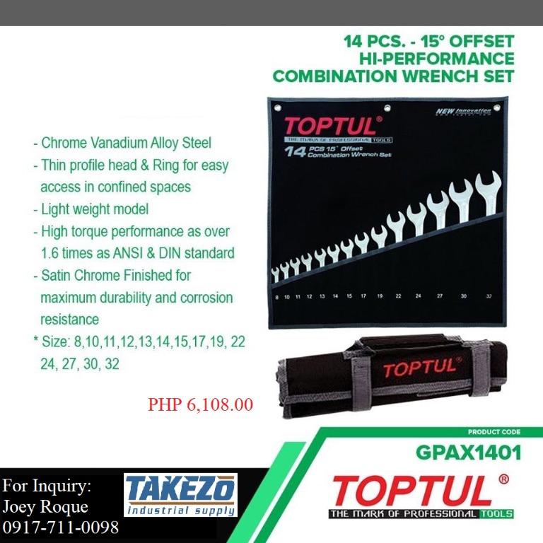 GPAX1401 14pcs. 15* Offset Hi-Performance Combination Wrench Set (Category: Construction Tools & Equipment) located in Manila. Submitted by joeyroque09 (Listing ID 274456599, Image 1). Description: Takezo Industrial Supply 09177110098 For more inquiries please contact https://www.facebook.com/takezo.industrial Our Website: takezoindustrialsupply.com https://takezoindustrialsupply.storehub.me/ 14pcs - 15* Offset Hi-Performance Combination Wrench S