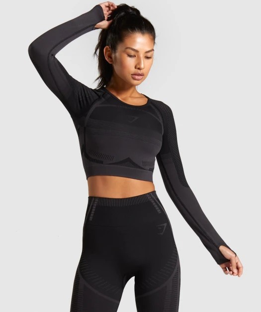 Gymshark Geo Ombre Seamless Long Sleeve Crop Top - Black Tones, Women's  Fashion, Tops, Sleeveless on Carousell