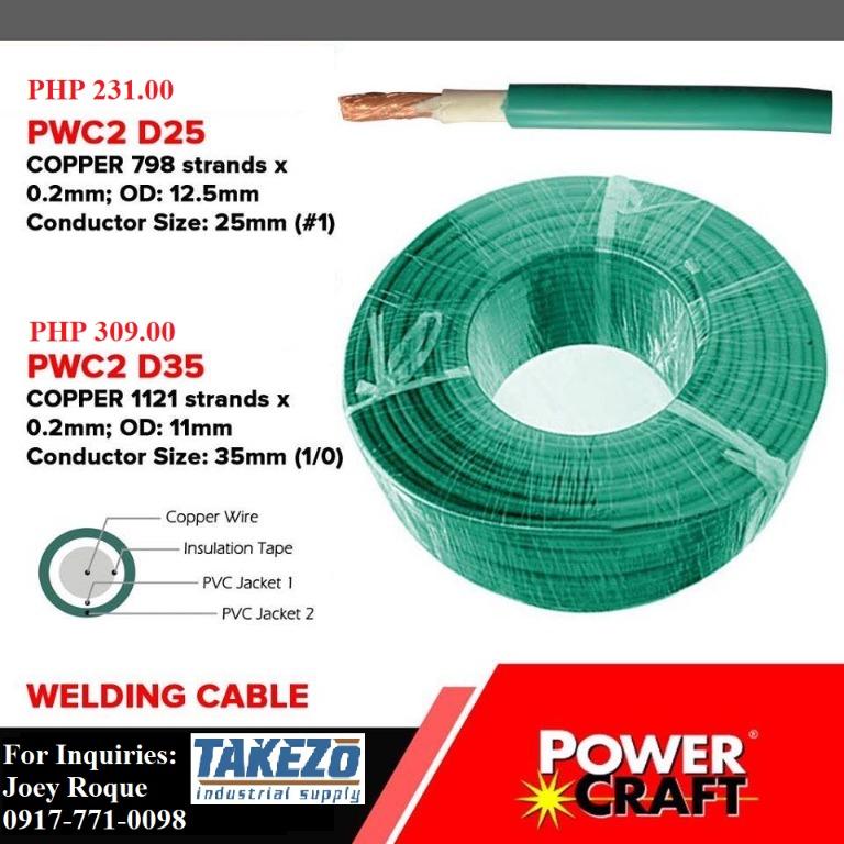 PWC2 D25 Welding Cable (Category: Construction Tools & Equipment) located in Manila. Submitted by joeyroque09 (Listing ID 274431166, Image 1). Description: Takezo Industrial Supply 09177110098 For more inquiries please contact https://www.facebook.com/takezo.industrial Our Website: takezoindustrialsupply.com https://takezoindustrialsupply.storehub.me/ Welding Cable PWC2 D25 Copper 798 strands x 0.2mm; OD:12.5mm Conductor Size: 25mm (#1) Price: 23