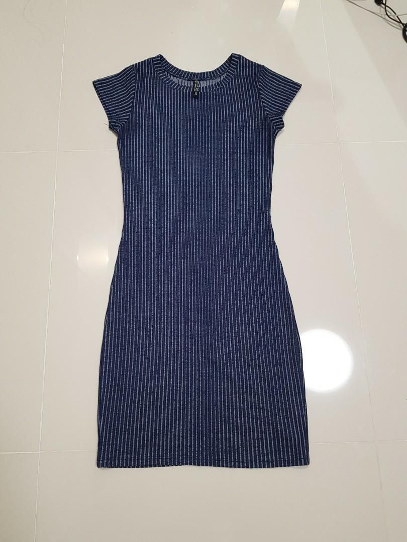 blue and white vertical striped dress