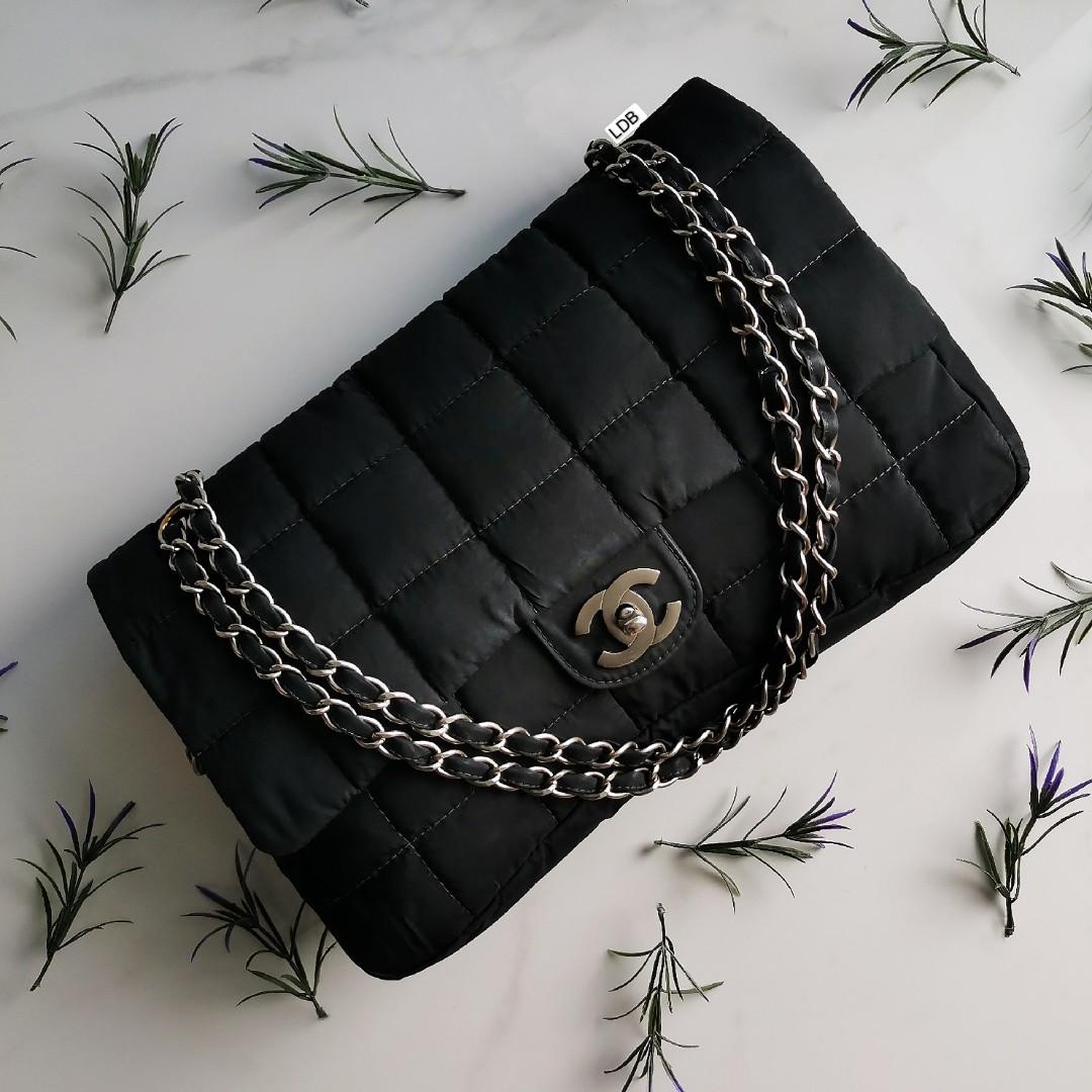 Authentic Chanel Black Nylon, Silver Hardware, Vintage Flap Bag