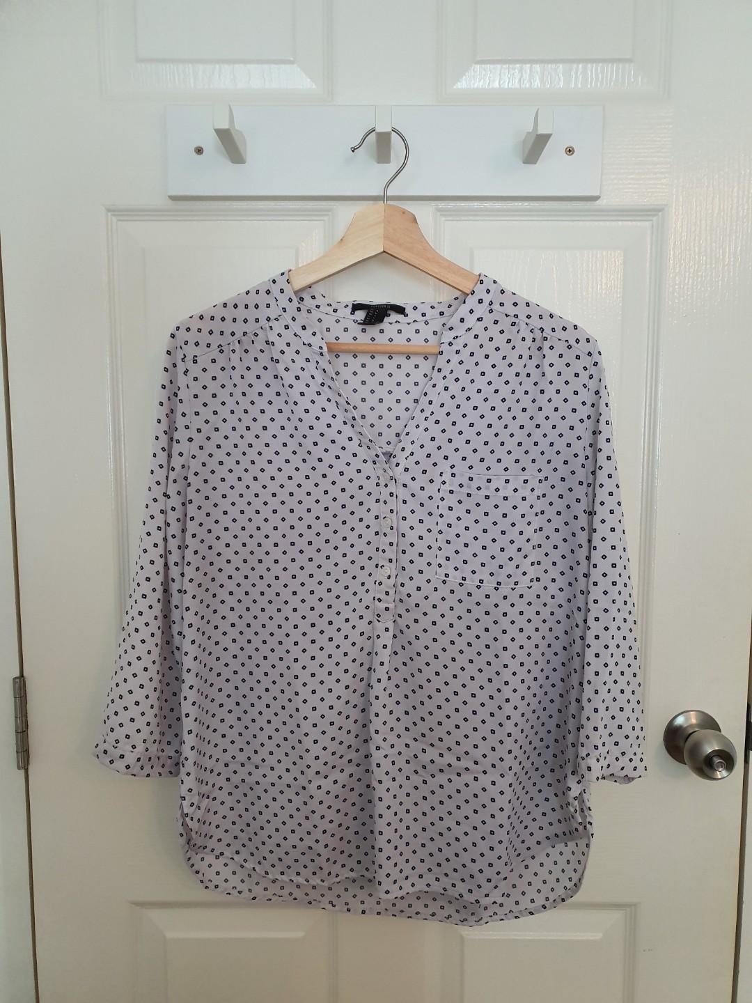 grey and white polka dot blouse