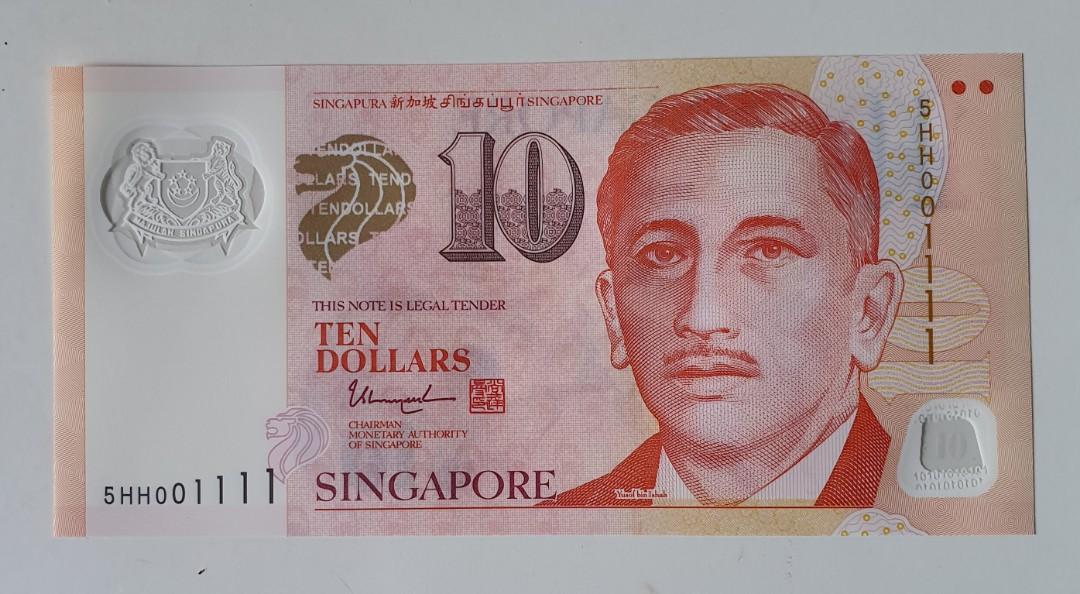 $10 Note (Category: Currency) located in Singapore. Submitted by cai0053 (Listing ID 274772388, Image 1). Description: HH001111 Fancy Identical S/N, Singapore Polymer $10 UNC Note..