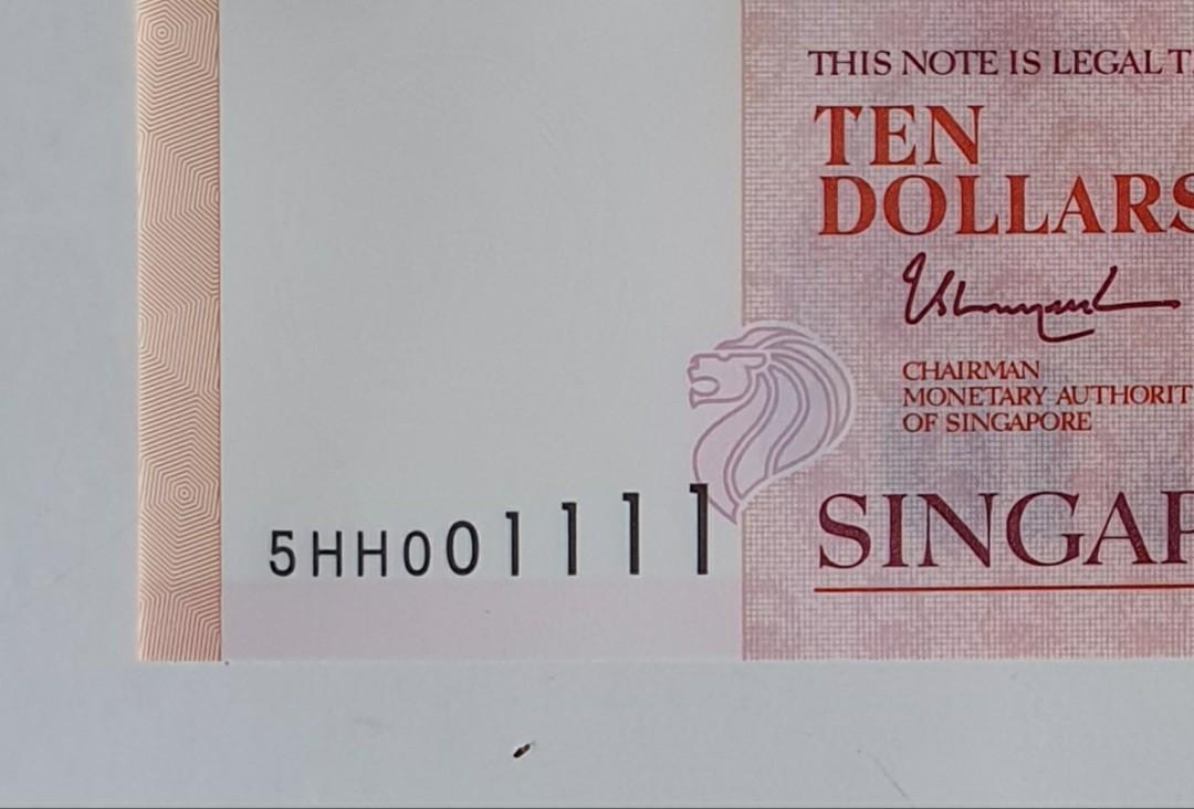$10 Note (Category: Currency) located in Singapore. Submitted by cai0053 (Listing ID 274772388, Image 2). Description: HH001111 Fancy Identical S/N, Singapore Polymer $10 UNC Note..