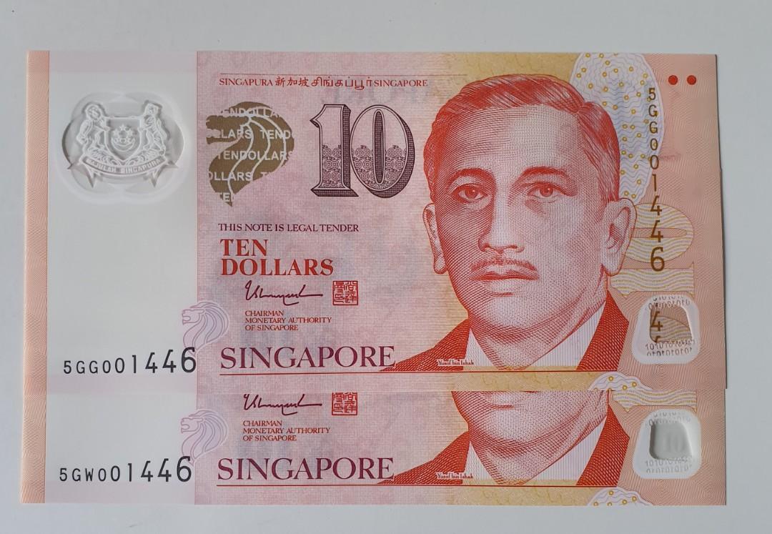 $10 Note (Category: Currency) located in Singapore. Submitted by cai0053 (Listing ID 274773952, Image 1). Description: 001146 Pair of Fancy Identical S/N Singapore $10 Polymer UNC Note..