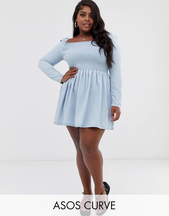 ASOS Design curve shirred denim smock dress Women s Fashion Tops Sleeveless on Carousell