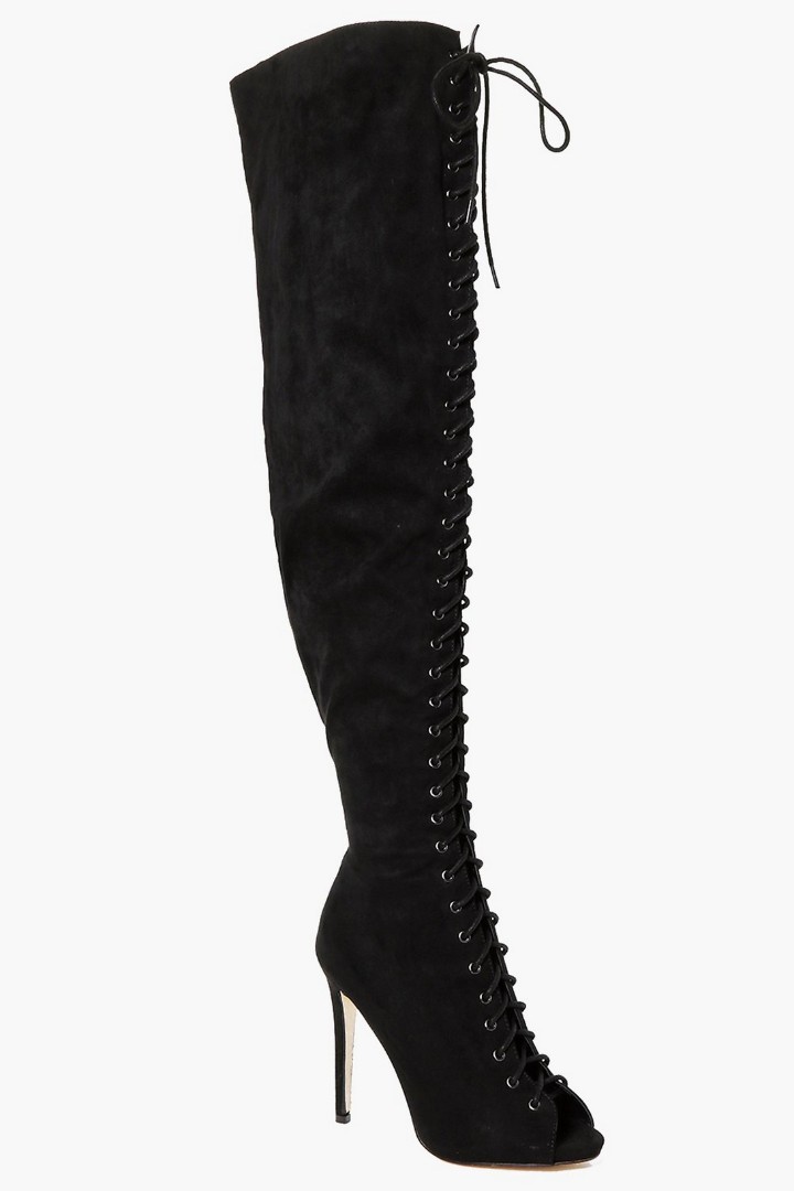 BOOHOO lace up peep toe thigh high 