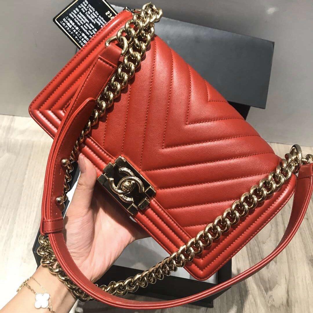 Authentic Pre-loved Chanel Chevron Red Lambskin Medium Leboy Bag, Luxury, Bags & Wallets on ...