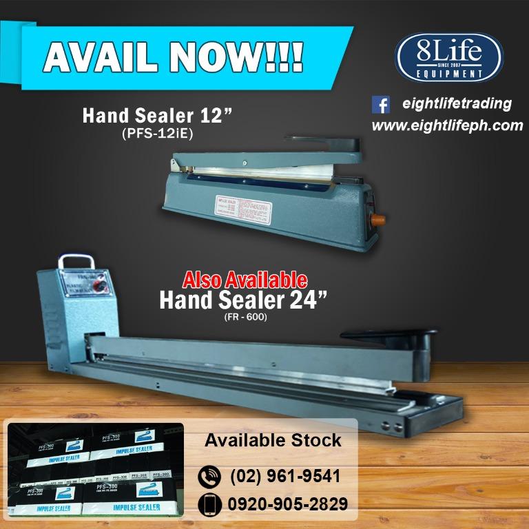 HAND SEALER HAND IMPULSE SEALER PLASTIC IMPULSE SEALING MACHINE (Category: Waste Bins & Bags) located in Valenzuela. Submitted by eightlife_trading (Listing ID 274927403, Image 3). Description: •Hand Sealer Plastic series: 8" P600, 12" P800 •Hand Sealer All Metal series: 8" P1050, 12" P1350, 16" P3100, 24" P6500 OTHER AVAILABLE PRODUCTS: • Vacuum Bags • Foot Sealer Series • Band Sealer • Induction Sealer Series • Shrink Machine Series • Coding an