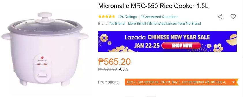 Micromatic MRC-550 Rice Cooker 1.5L (Category: Cookers) located in Cavite. Submitted by mcpowerhaus (Listing ID 274896346, Image 2). Description: BrandNo Brand; SKUUN308HAABDJOOMANPH-110753425 Capacity: (Litres)1.5ModelDoraemon Warranty Type;Lazada refund warranty only Warranty Period; 7 Days http://bit.ly/2RqimML.