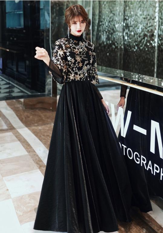 Pre Order Black Gold Glitter Star Long Sleeve Wedding Evening Prom Dress  Gown Rbp1302, Women'S Fashion, Dresses & Sets, Evening Dresses & Gowns On  Carousell