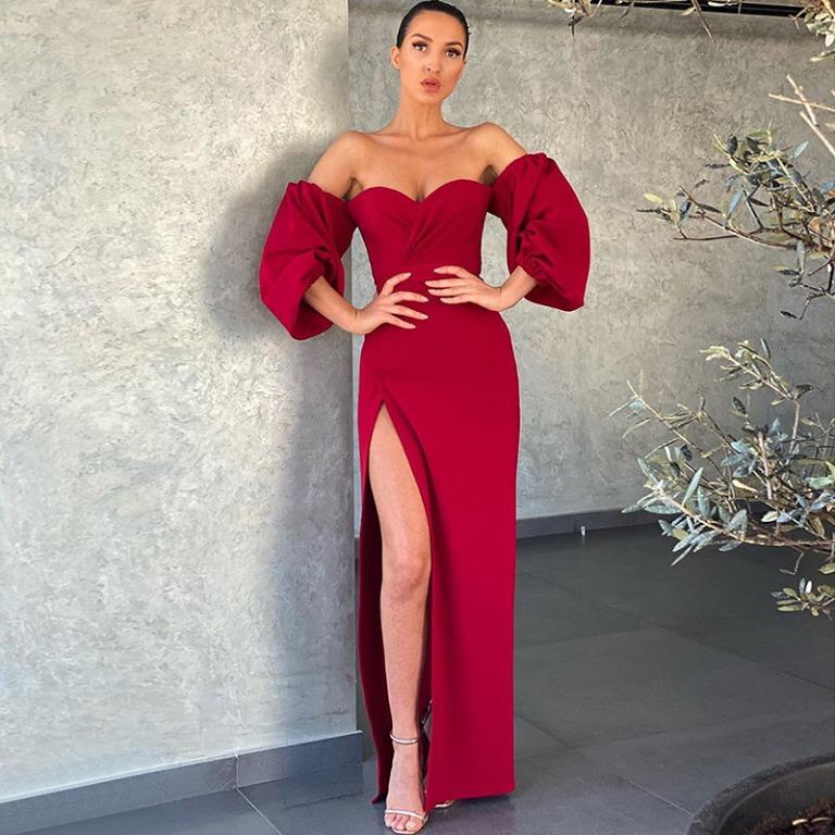 Red off the shoulder formal dress deals