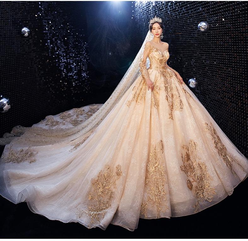 pre order cream gold long sleeve fishtail wedding bridal dress gown RB1760,  Women's Fashion, Dresses & Sets, Evening Dresses & Gowns on Carousell