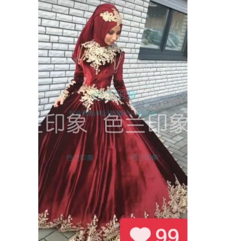 pre order Muslimah velvet red long sleeve wedding bridal gown prom dress  gown + veil RB1761, Women's Fashion, Dresses & Sets, Evening Dresses & Gowns  on Carousell