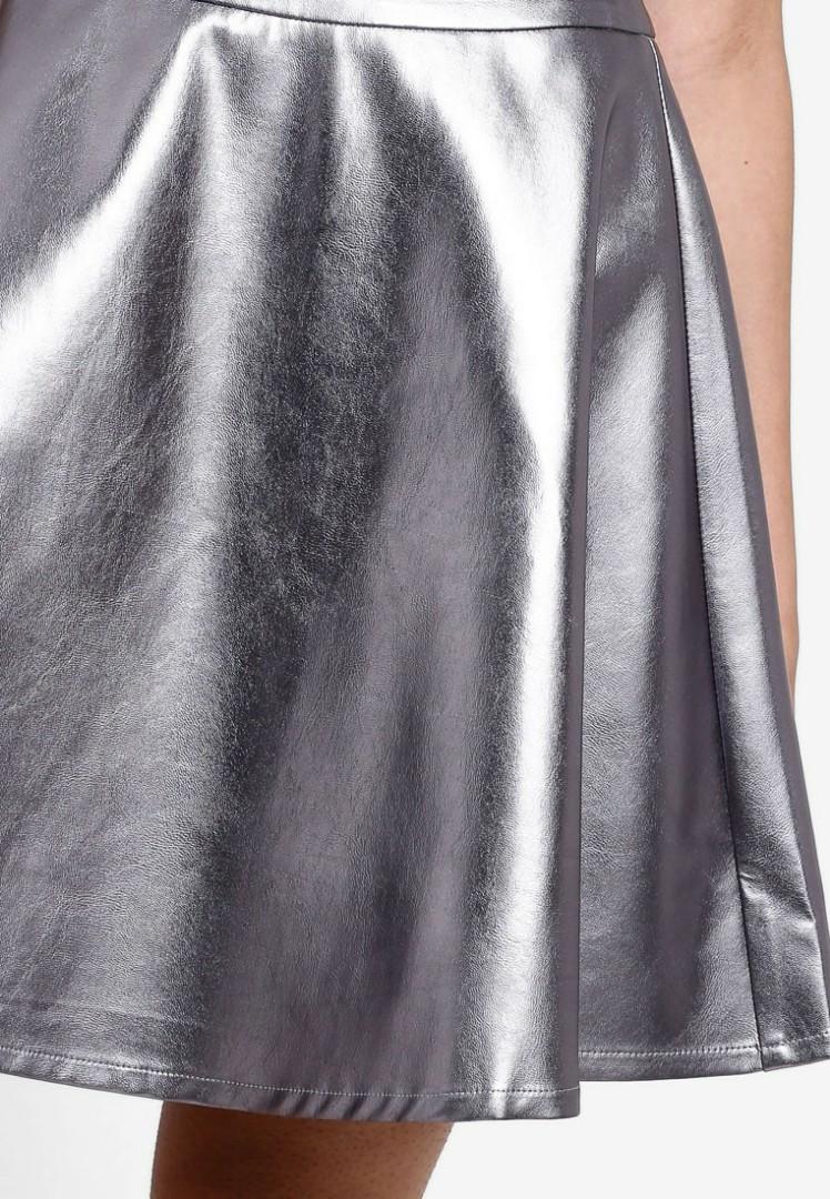 SILVER METALLIC PU LEATHER MIDI SKIRT main image 0
