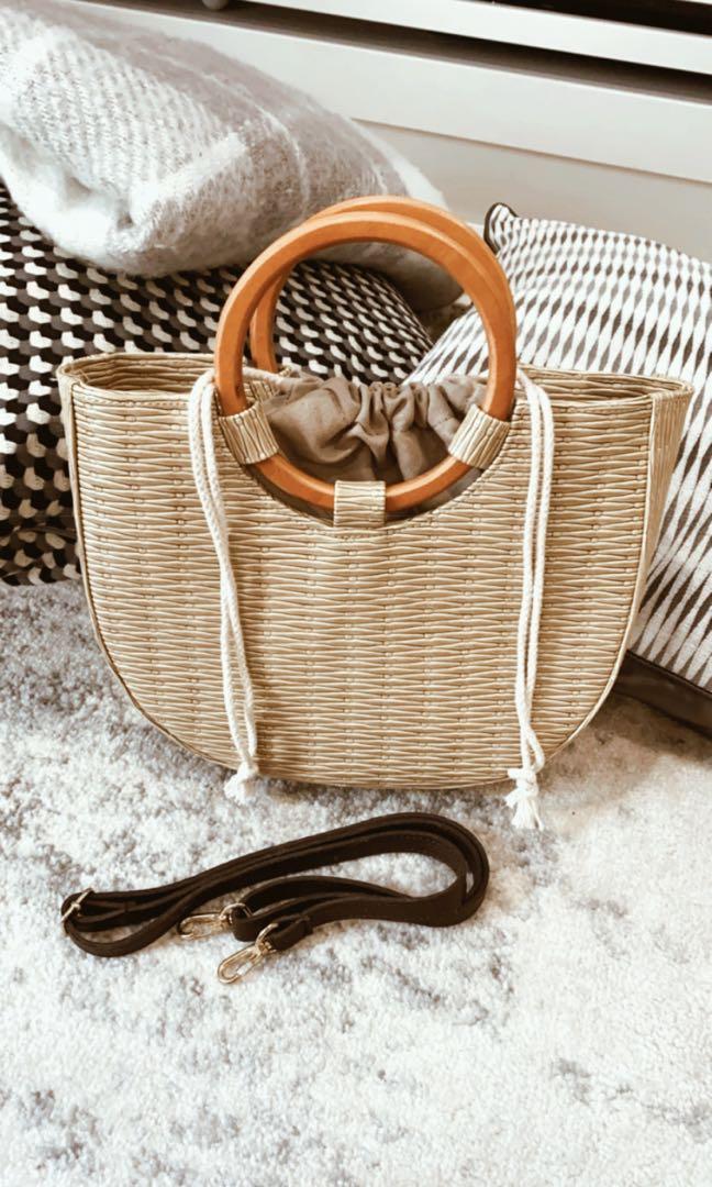 Rattan Detailed Mock Leather Bag with Wooden Rings in Beige