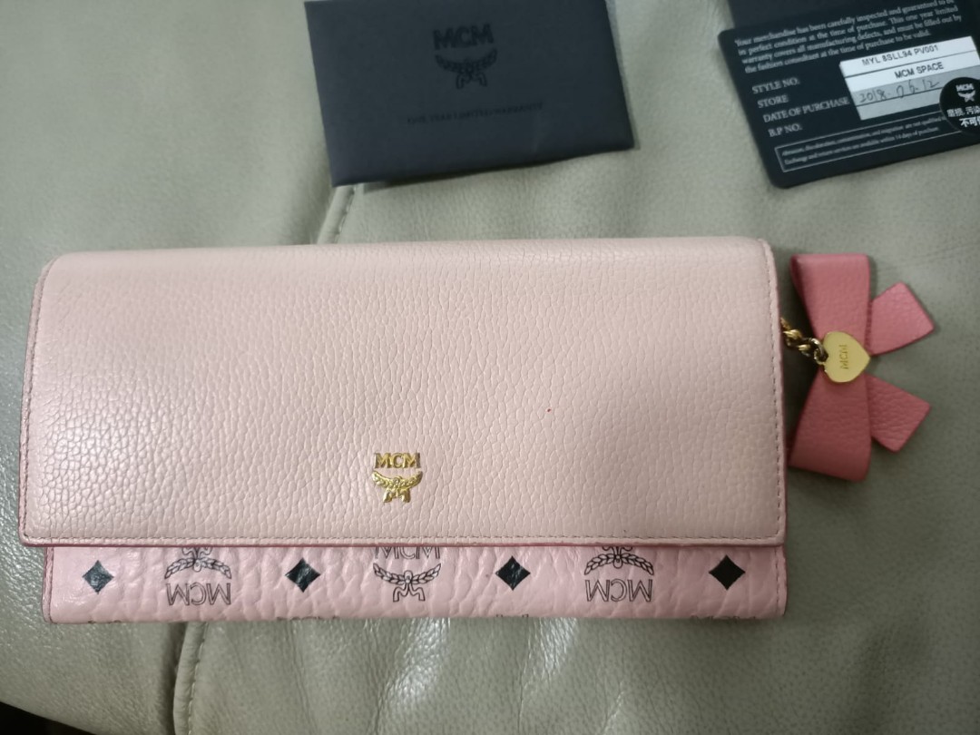 Authentic pink mcm long wallet with ribbon at side, Women's Fashion