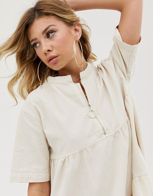 ASOS PrettyLittleThing smock dress with zip detail in ecru Women s Fashion Tops Sleeveless on Carousell