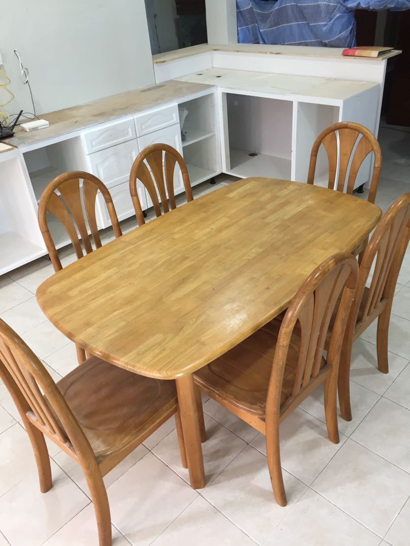 Solid rubber wood dining set 6 seatings, Furniture & Home Living
